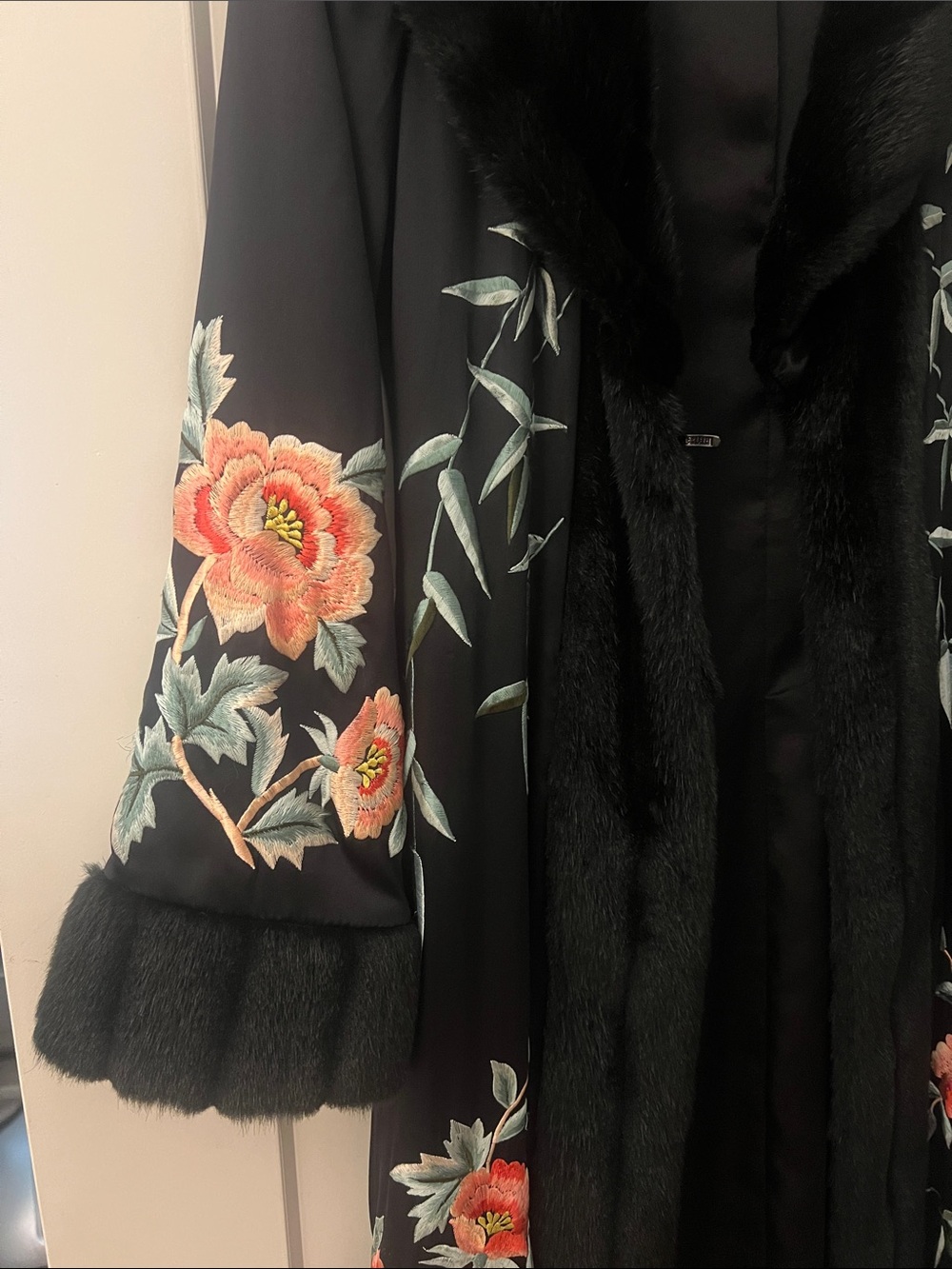 Sue Wong Black Trench Coat with Red & Green Floral Embroidery - Picture 2 of 5